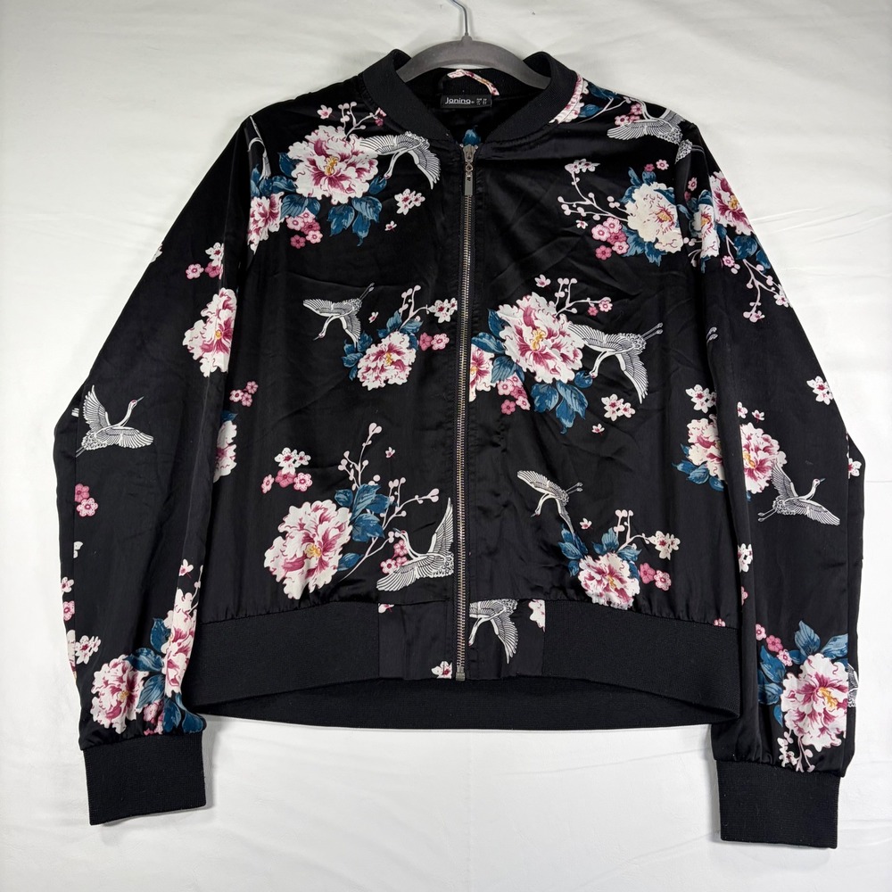 Janina Womens Black Floral Crane Print Satin Bomber Jacket Full Zip Size 38 US 6